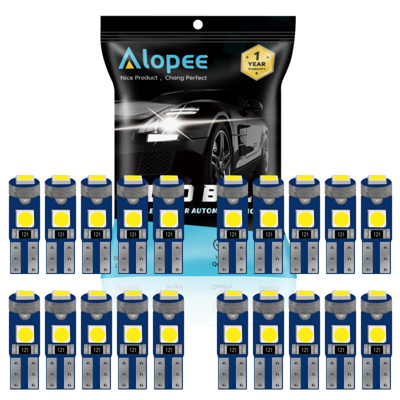 Alopee T5 LED Bulbs White 12V 2721 Replacement for Car Dash Instrument Panel Gauge Cluster Indicator Door Light Compatible with 73 74 37 2723, Pack of 20 - Image 1